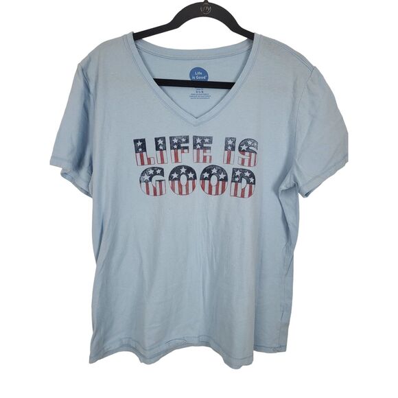Life Is Good Patriotic T Shirt Large Womens V Neck Blue Pullover Stars Striped - Picture 1 of 6